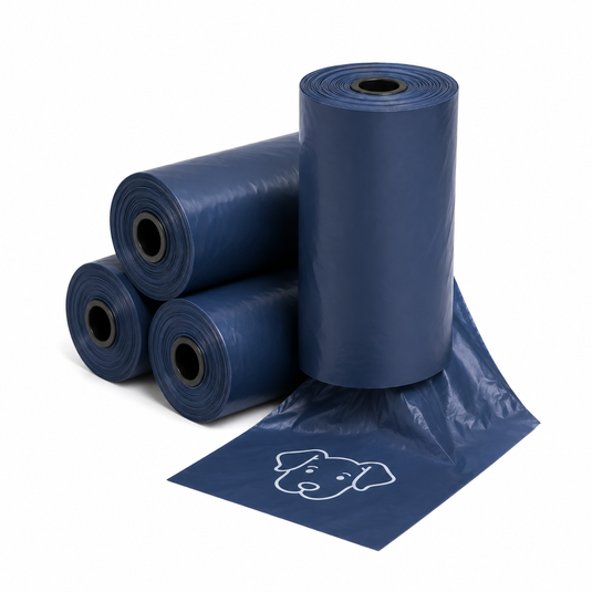 Rolls of navy blue dog poop bags with a paw print design
