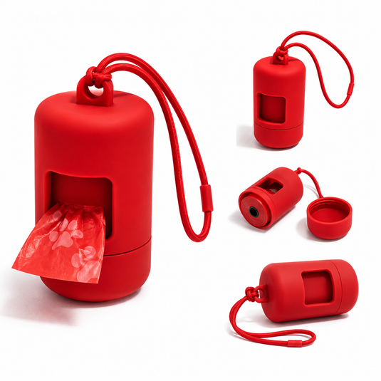 Red poop bag dispenser with attachment strap
