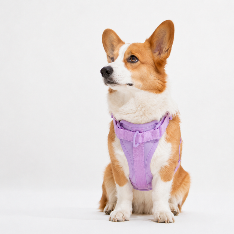 Corgi wearing a purple harness