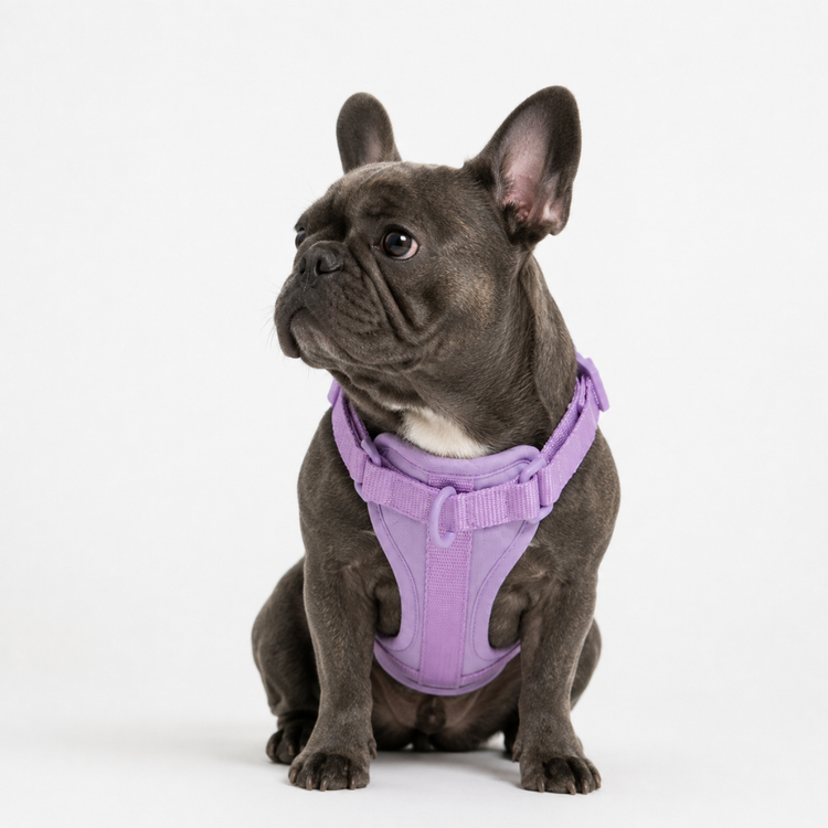 French Bulldog wearing a purple harness