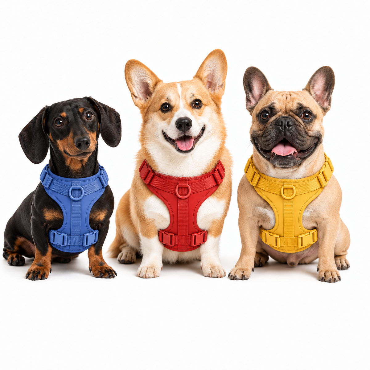 Dachshund, corgi, and French bulldog wearing blue, red, and yellow harnesses